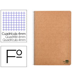 Cuaderno espiral liderpapel din a4 ecouse tapa cartulina kraft 80h papel reciclado 80 gr cuadro 4 mm con margen