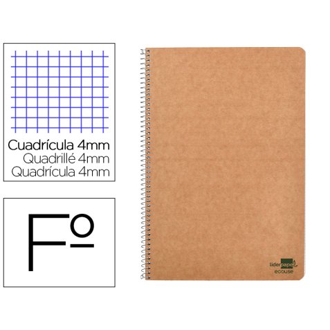 Cuaderno espiral liderpapel din a4 ecouse tapa cartulina kraft 80h papel reciclado 80 gr cuadro 4mm con margen
