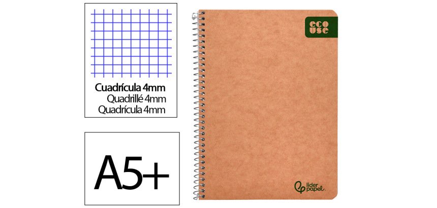 Cuaderno espiral liderpapel a5 ecouse tapa cartulina kraft 80h papel reciclado 80gr cuadro 4mm