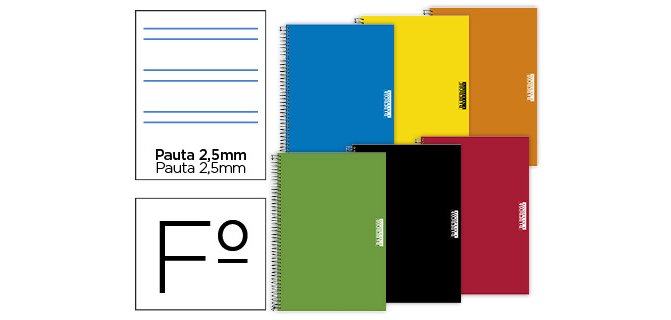 Cuaderno espiral papercop folio tapa extradura 80 hojas pauta 5 2,5 mm con margen 70 gr colores surtidos