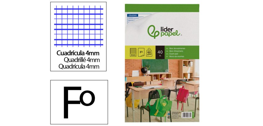Bloc examenes liderpapel cuadro 4mm folio 40 hojas 60 g