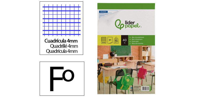 Bloc examenes liderpapel cuadro 4mm folio 40 hojas 60 g