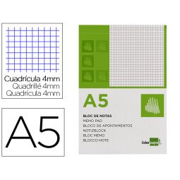 Bloc notas liderpapel cuadro 4mm a5 80 hojas 60g/m2 perforado