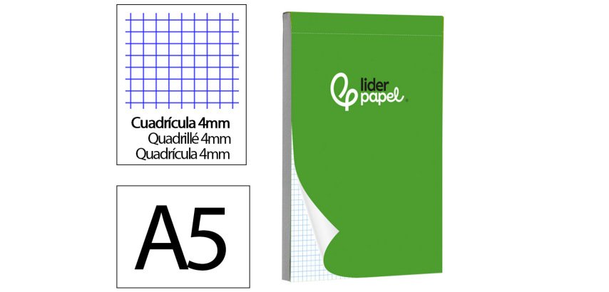 Bloc notas liderpapel cuadro 4mm a5 80 hojas 60g/m2 perforado