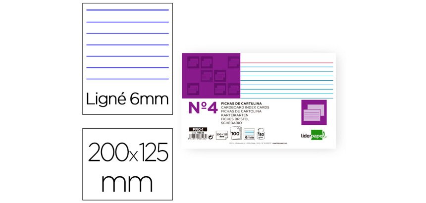 Ficha liderpapel rayada nº4 125x200 mm 180gr paquete de 100 unidades