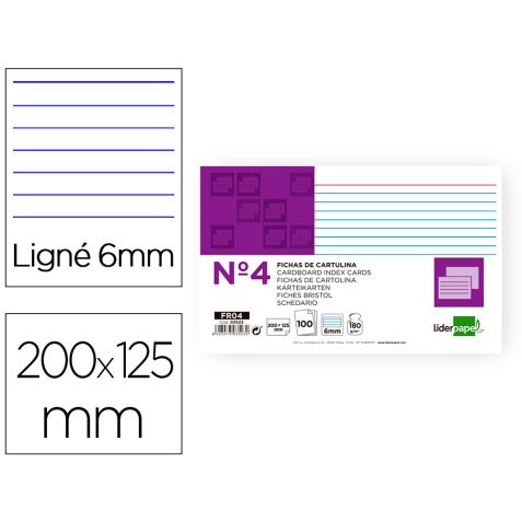 Ficha liderpapel rayada nº4 125x200 mm 180g/m2 paquete de 100 unidades