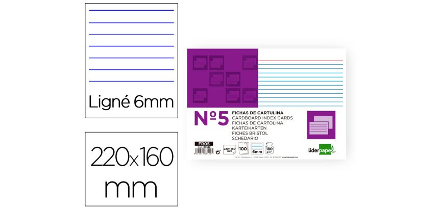 Ficha liderpapel rayada nº5 160x220 mm 180gr paquete de 100 unidades