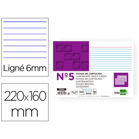 Ficha liderpapel rayada nº5 160x220 mm 180gr paquete de 100 unidades