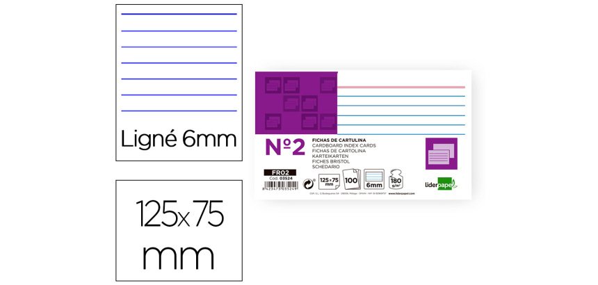 Ficha liderpapel rayada nº2 75x125 mm 180gr paquete de 100 unidades