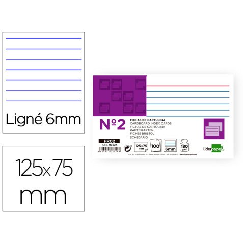 Ficha liderpapel rayada nº2 75x125 mm 180g/m2 paquete de 100 unidades