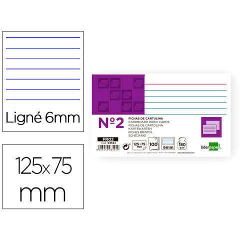 Ficha liderpapel rayada nº2 75x125 mm 180gr paquete de 100 unidades