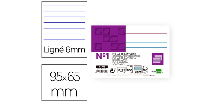 Ficha liderpapel rayada nº1 65x95 mm 180gr paquete de 100 unidades
