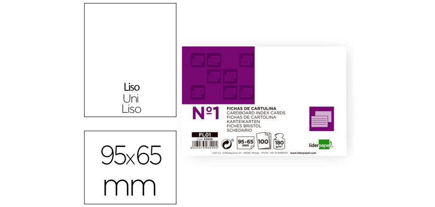 Ficha liderpapel lisa nº1 65x95mm 180gr paquete de 100 unidades