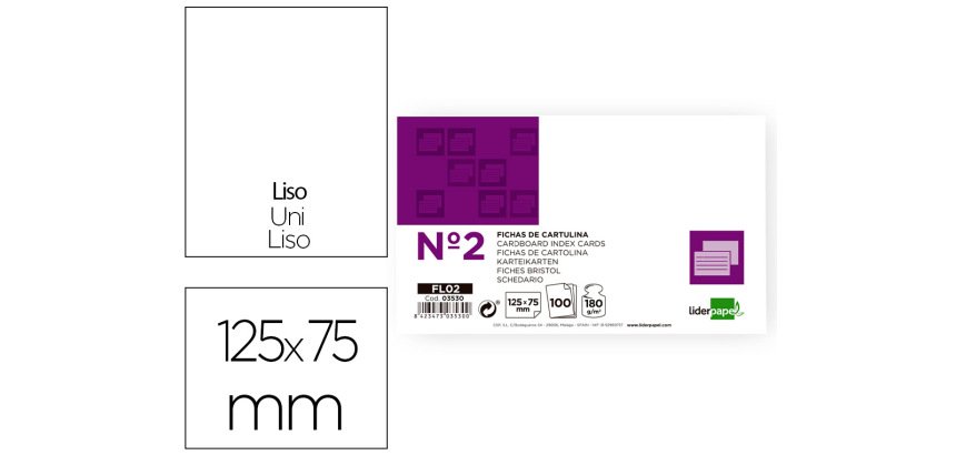 Ficha liderpapel lisa nº2 75x125mm 180gr paquete de 100 unidades