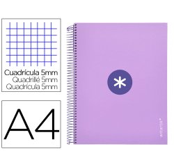 Cuaderno espiral a4 micro antartik tapa forrada 120h 90 gr cuadro 5mm 5 bandas 4 taladros color lavanda