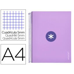 Cuaderno espiral a4 micro antartik tapa forrada 120h 90 gr cuadro 5mm 5 bandas 4 taladros color lavanda