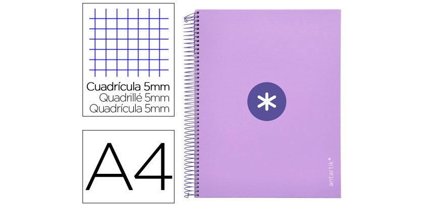Cuaderno espiral a4 micro antartik tapa forrada 120h 90 gr cuadro 5mm 5 bandas 4 taladros color lavanda