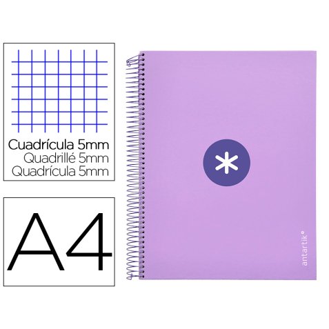 Cuaderno espiral a4 micro antartik tapa forrada 120h 90 gr cuadro 5mm 5 bandas 4 taladros color lavanda