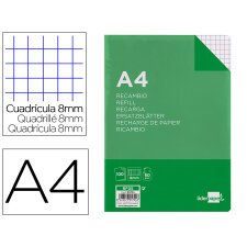 Recambio liderpapel a4 100 hojas 60g/m2 cuadro 8mm con margen 4 taladros