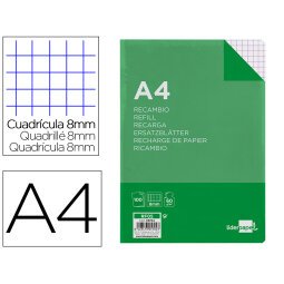 Recambio liderpapel a4 100 hojas 60g/m2 cuadro 8mm con margen 4 taladros