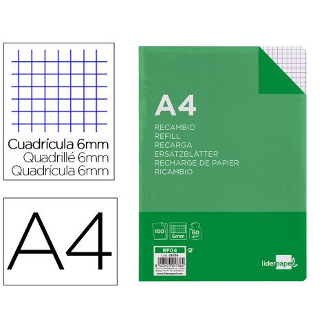 Recambio liderpapel A4 100 hojas 60g cuadro 6 mm 4 taladros con margen