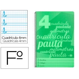 Cuaderno espiral liderpapel folio pautaguia tapa plastico 80h 75gr cuadro pautado 4mm con margen color verde