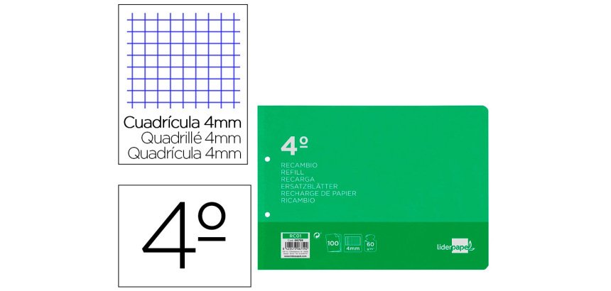 Recambio liderpapel 4º / A5+ apaisado 100 h 2tca-01 cuadro 4 mm 2 taladros con margen