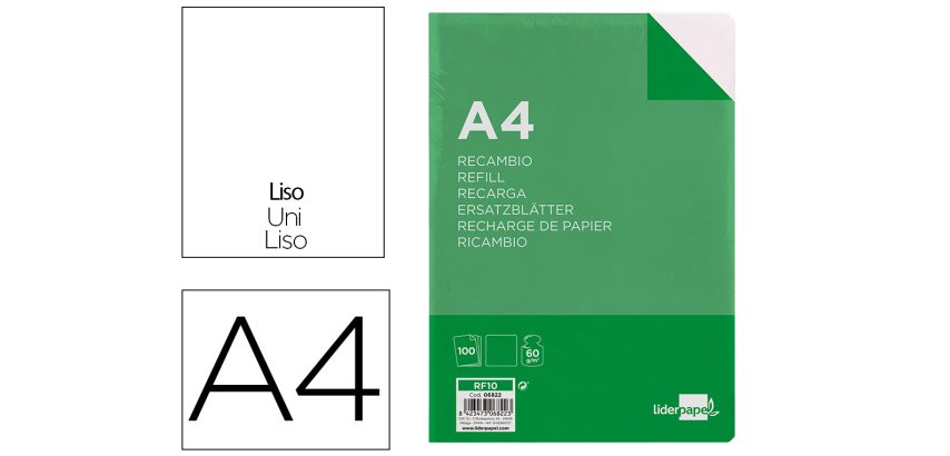 Recambio liderpapel Folio 100 hojas 60g  liso sin margen 4 taladros