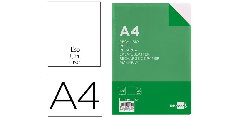 Recambio liderpapel Folio 100 hojas 60g  liso sin margen 4 taladros