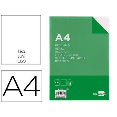 Recambio liderpapel Folio 100 hojas 60g  liso sin margen 4 taladros