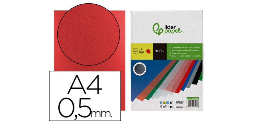 Cubiertas para encuadernar Liderpapel polipropileno A4 0,5mm rojo opaco - Paquete de 100 unidades