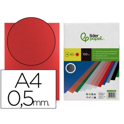 Cubiertas para encuadernar Liderpapel polipropileno A4 0,5mm rojo opaco - Paquete de 100 unidades