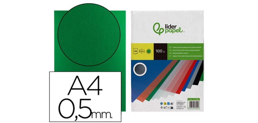 Cubiertas para encuadernar Liderpapel polipropileno A4 0,5mm verde opaco - Paquete de 100 unidades