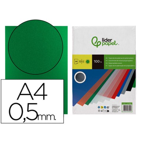 Cubiertas para encuadernar Liderpapel polipropileno A4 0,5mm verde opaco - Paquete de 100 unidades