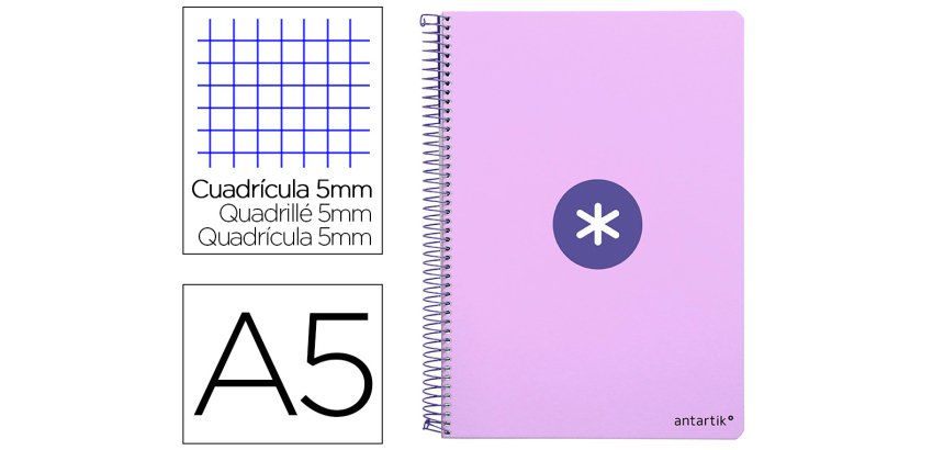 Cuaderno espiral liderpapel a5 antartik tapa dura 80h 100 gr cuadro 5mm color lavanda