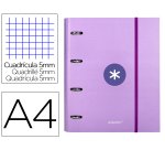 Carpeta con recambio antartik a4 cuadro 5mm forrada 4 anillas 40mm redondas con solapa color lavanda