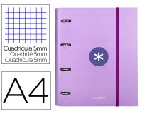 Carpeta con recambio antartik a4 cuadro 5mm forrada 4 anillas 40mm redondas con solapa color lavanda