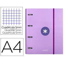 Carpeta con recambio antartik a4 cuadro 5mm forrada 4 anillas 40mm redondas con solapa color lavanda