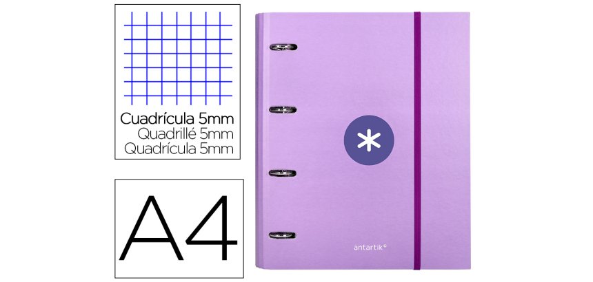 Carpeta con recambio antartik a4 cuadro 5mm forrada 4 anillas 40mm redondas con solapa color lavanda