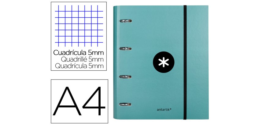 Carpeta con recambio antartik a4 cuadro 5mm forrada 4 anillas 40mm redondas con solapa color menta
