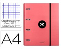 Carpeta con recambio antartik a4 cuadro 5mm forrada 4 anillas 40mm redondas con solapa color coral