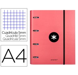 Carpeta con recambio antartik a4 cuadro 5mm forrada 4 anillas 40mm redondas con solapa color coral