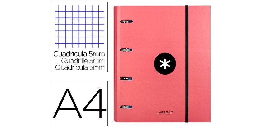 Carpeta con recambio antartik a4 cuadro 5mm forrada 4 anillas 40mm redondas con solapa color coral