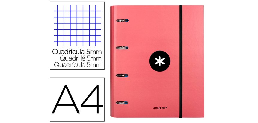 Carpeta con recambio antartik a4 cuadro 5mm forrada 4 anillas 40mm redondas con solapa color coral