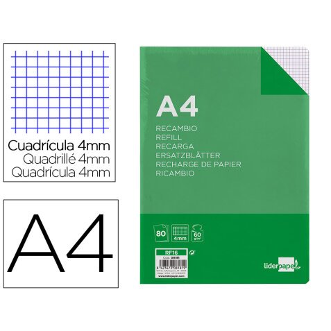 Recambio liderpapel a4 80 hoja 60g/m2 cuadro 4 mm con margen 4 taladros