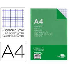 Recambio liderpapel a4 100 hojas 60g/m2 cuadro 3 mm con margen 4 taladros