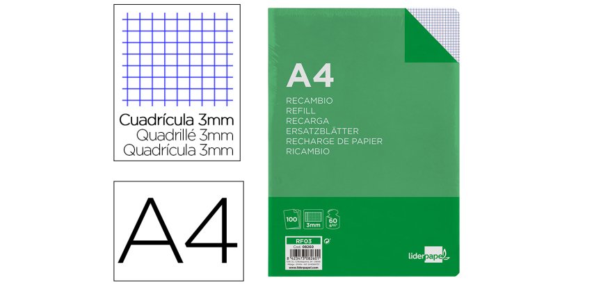 Recambio liderpapel a4 100 hojas 60gr cuadro 3 mm con margen 4 taladros