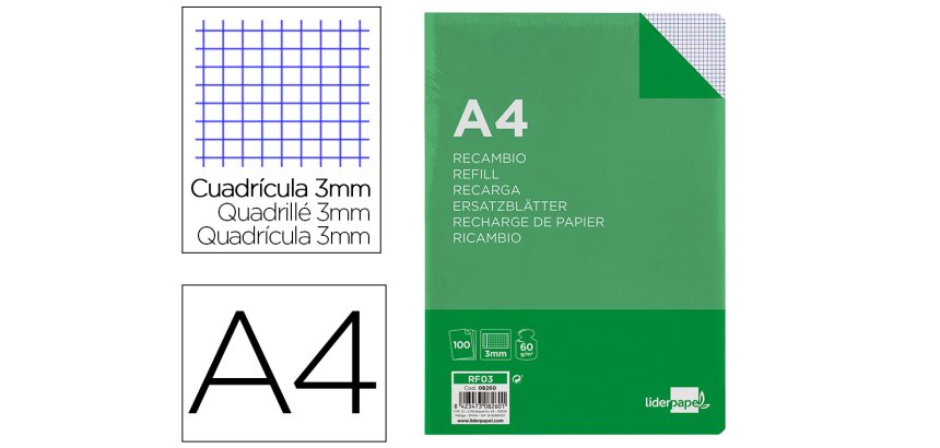 Recambio liderpapel a4 100 hojas 60gr cuadro 3 mm con margen 4 taladros