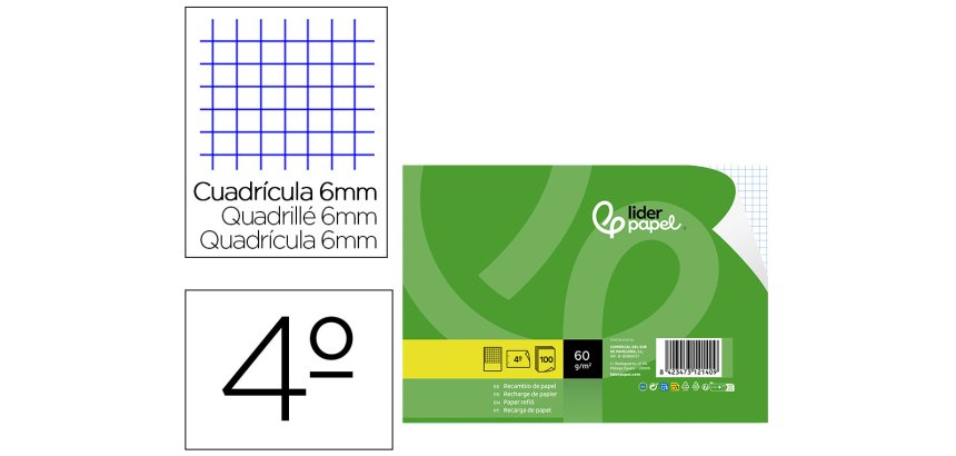 Recambio liderpapel 4º / A5+ apaisado 100 h 2tca-07 cuadro 6 mm 2 taladros con margen
