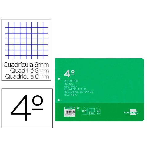 Recambio liderpapel 4º / A5+ apaisado 100 h 2tca-07 cuadro 6 mm 2 taladros con margen